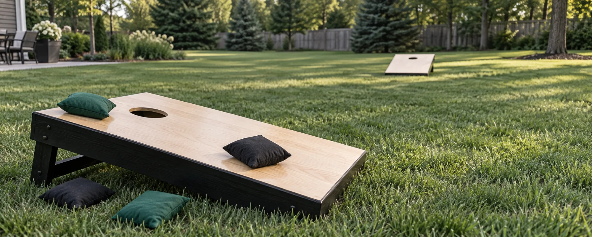 Two plain wooden cornhole boards facing each other across a mown backyard lawn, green and black bags on and around the near board