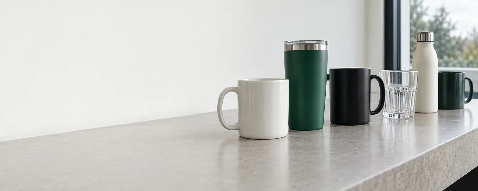 Mugs, tumblers and glasses on a counter