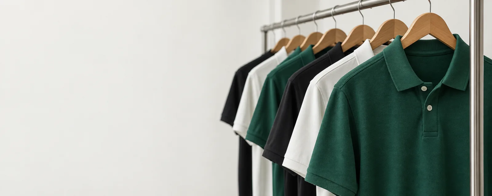 Polo shirts on hangers in green, black and white