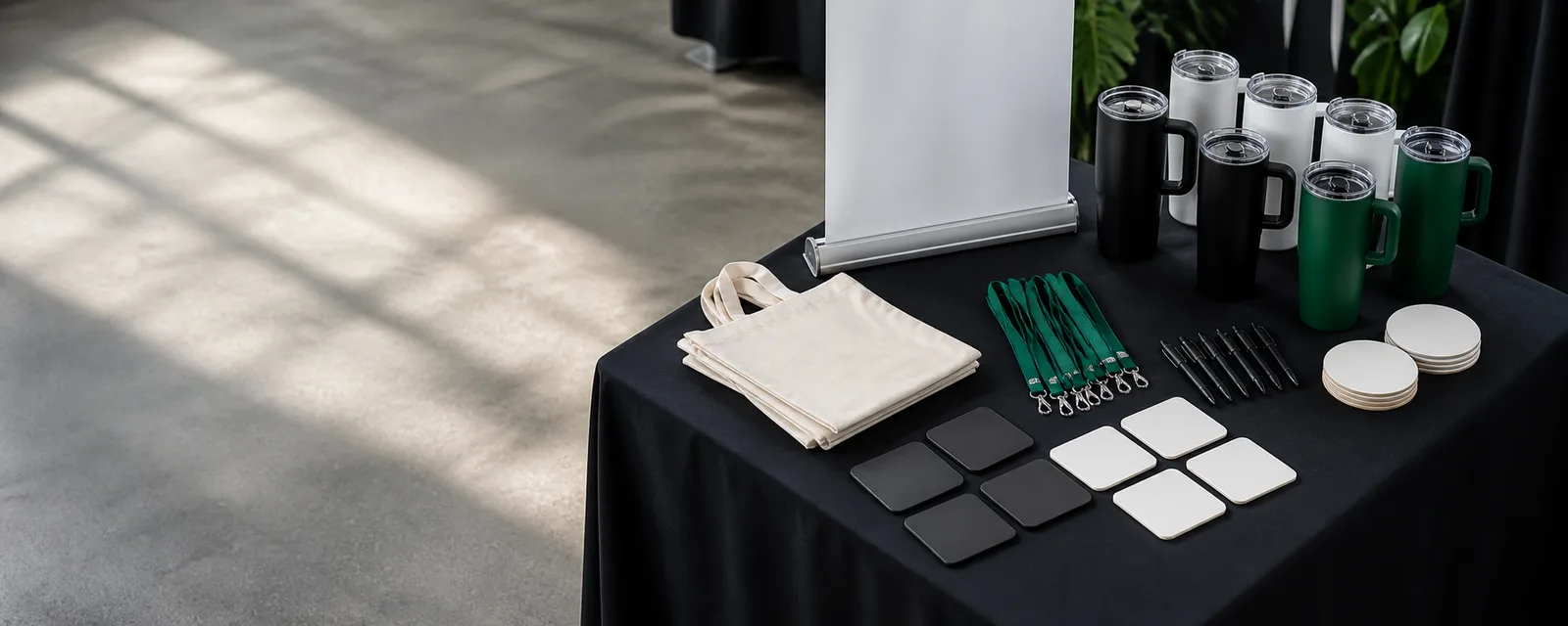 Trade show table set with tote bags, tumblers, coasters, lanyards and pens ready for branding