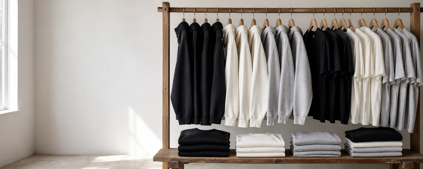 Tees and hoodies hanging on a rail in black, white, grey and green
