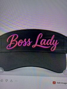 Black visor embroidered with "Boss Lady" in pink script