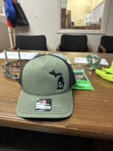 Sage green cap with an embroidered fish logo