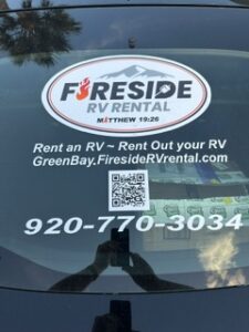 Fireside RV Rental rear window decal with phone number and QR code