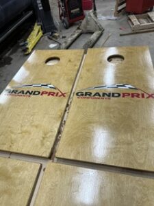 Cornhole boards branded Grand Prix