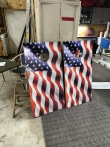 American flag cornhole boards finished in the shop