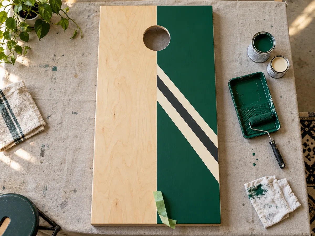 A cornhole board half raw birch and half painted green with cream and black diagonal stripes, beside paint cans and a roller