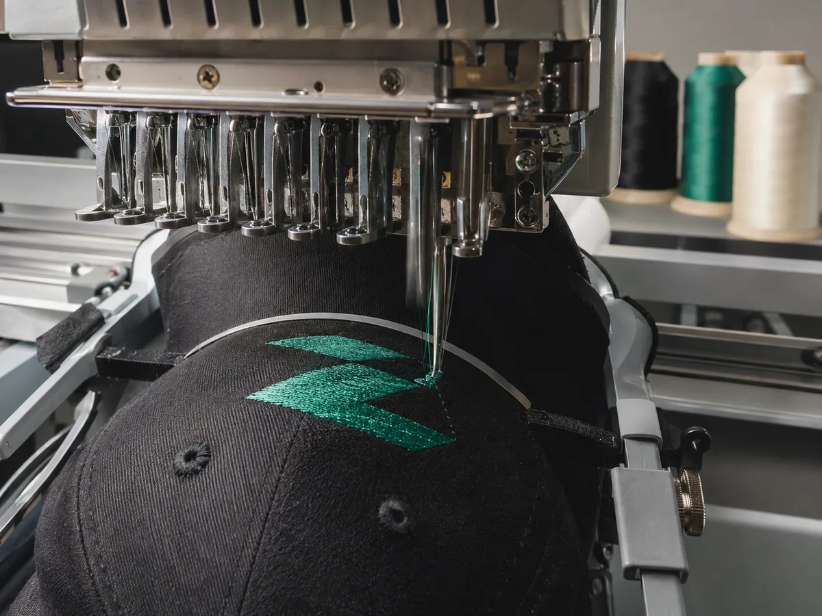 Embroidery machine stitching green thread on a black cap panel in a hoop