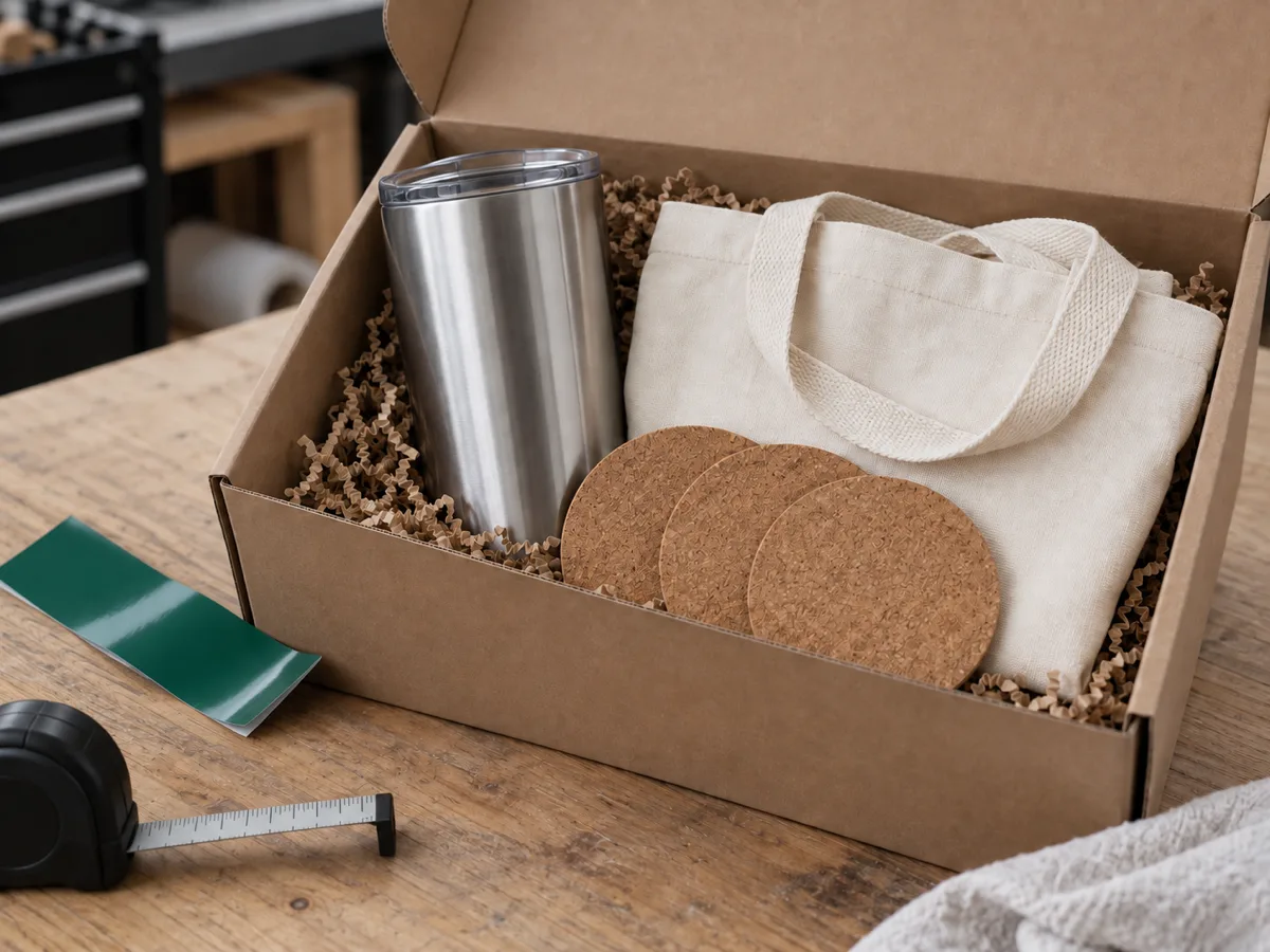 Open sample box on a workbench holding a steel tumbler, a folded canvas tote and cork coasters, with a strip of green vinyl and a tape measure beside it