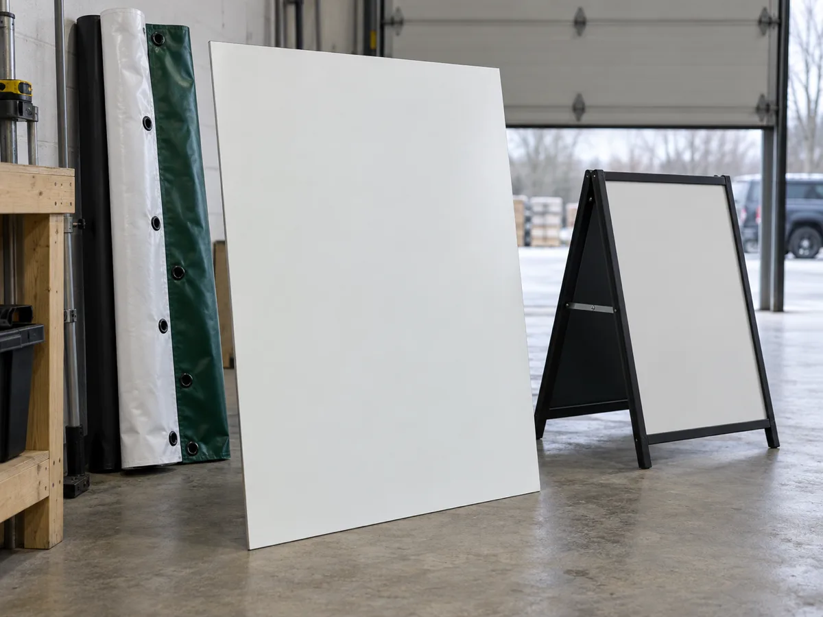 A blank white sign panel, rolled banner material with grommets and a folded A-frame sign in a workshop