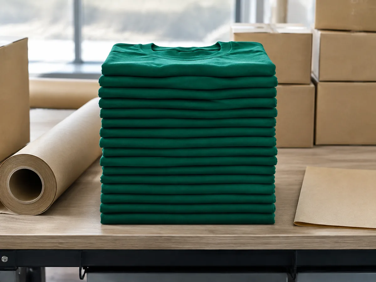 Tall stack of folded green t-shirts on a packing table with shipping boxes behind