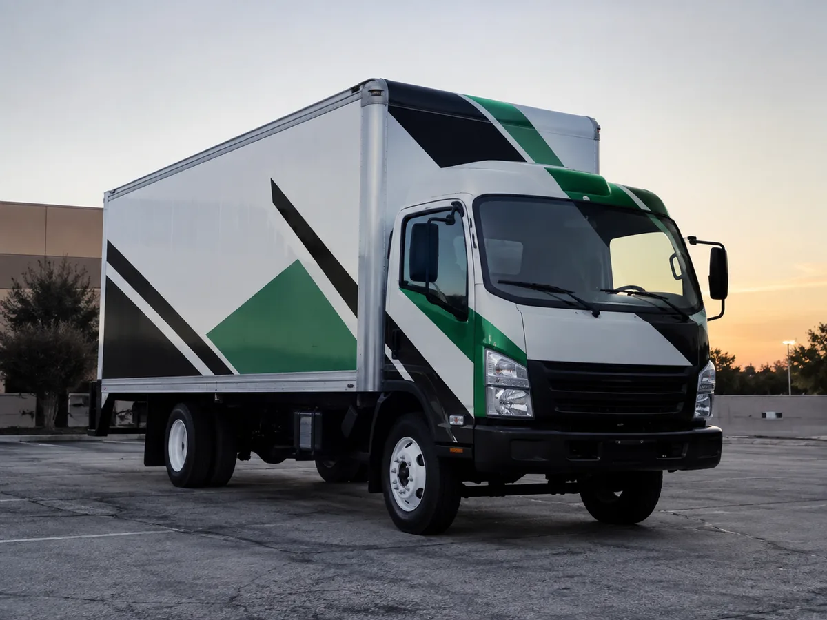White box truck with a black and green vinyl wrap parked in an empty lot at dusk