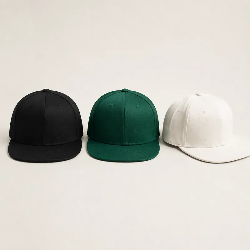Three blank snapback caps in black, green, and off-white lined up on a table