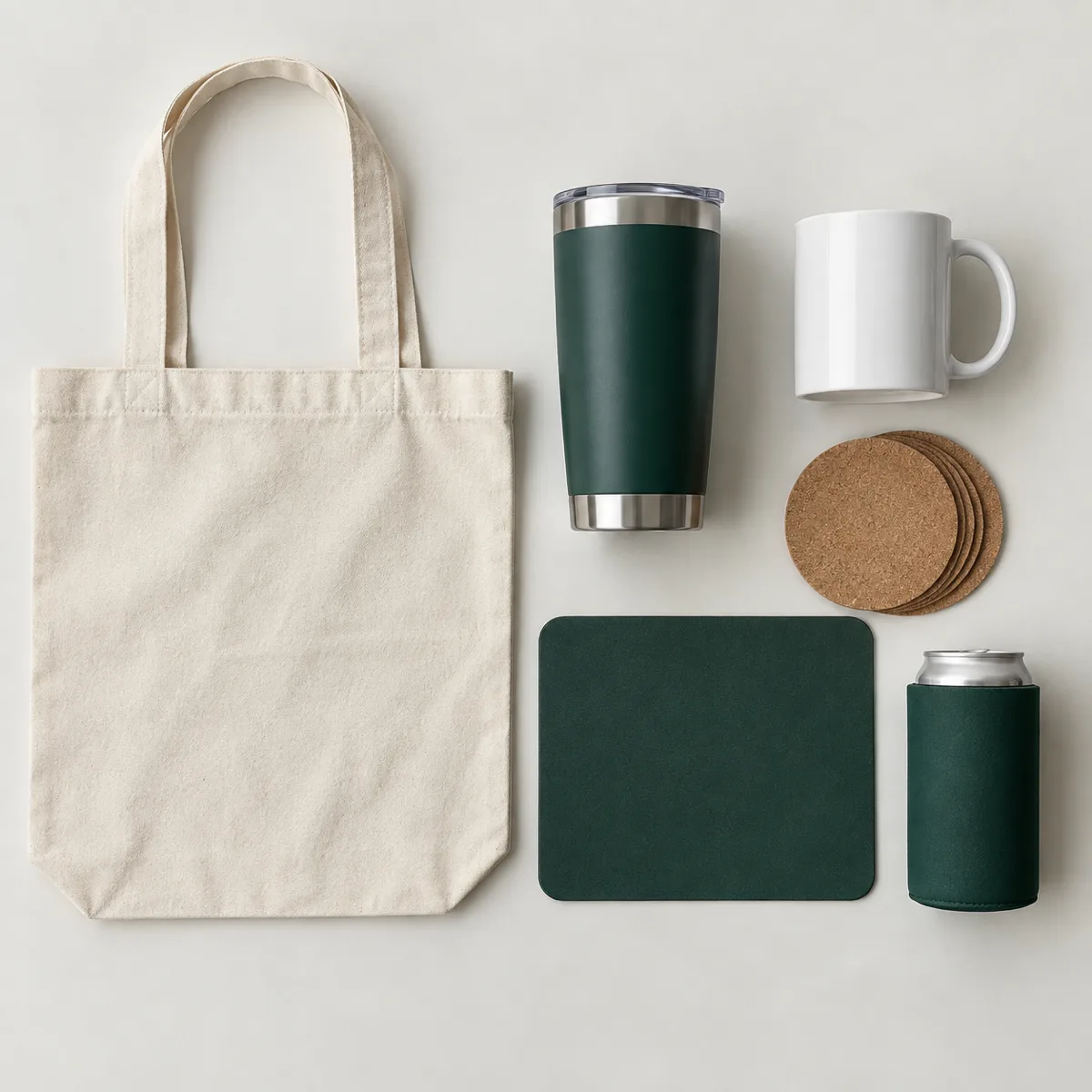 A canvas tote, steel tumbler, white mug, cork coasters, mouse pad and can cooler laid out on a pale surface