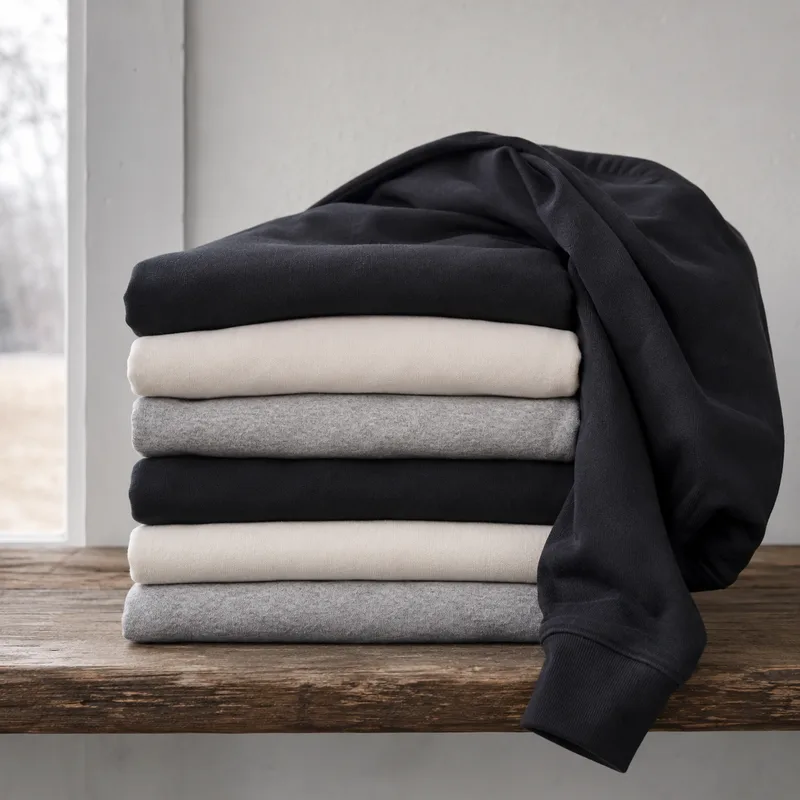 Folded stack of blank t-shirts and a hoodie in black, off-white, and grey on a shop shelf