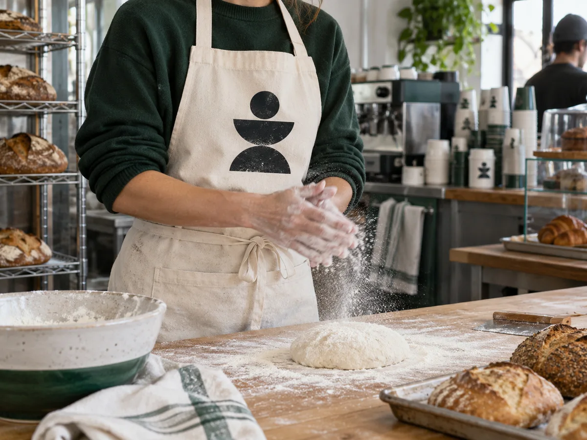 Canvas apron with a printed black logo, worn at a bakery counter