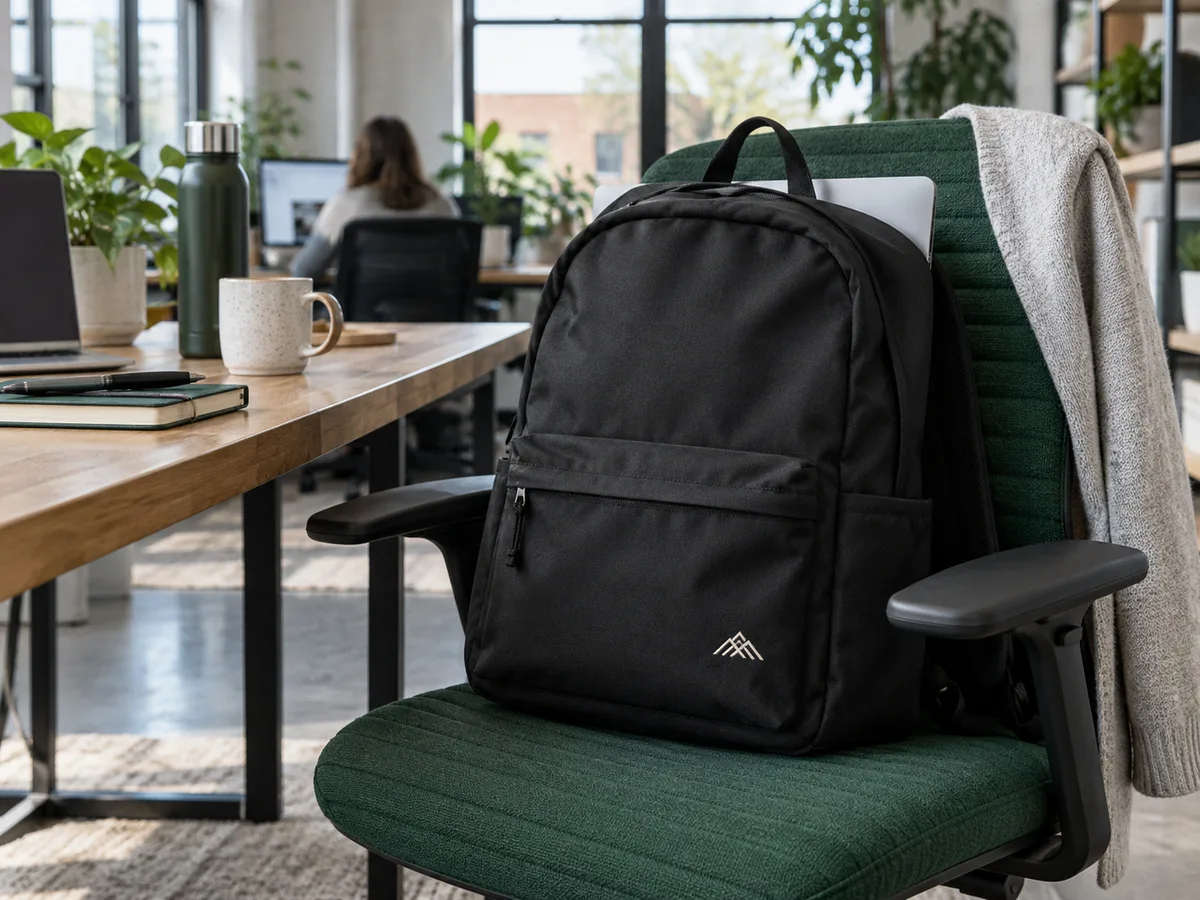 Black backpack with a small embroidered logo on an office chair