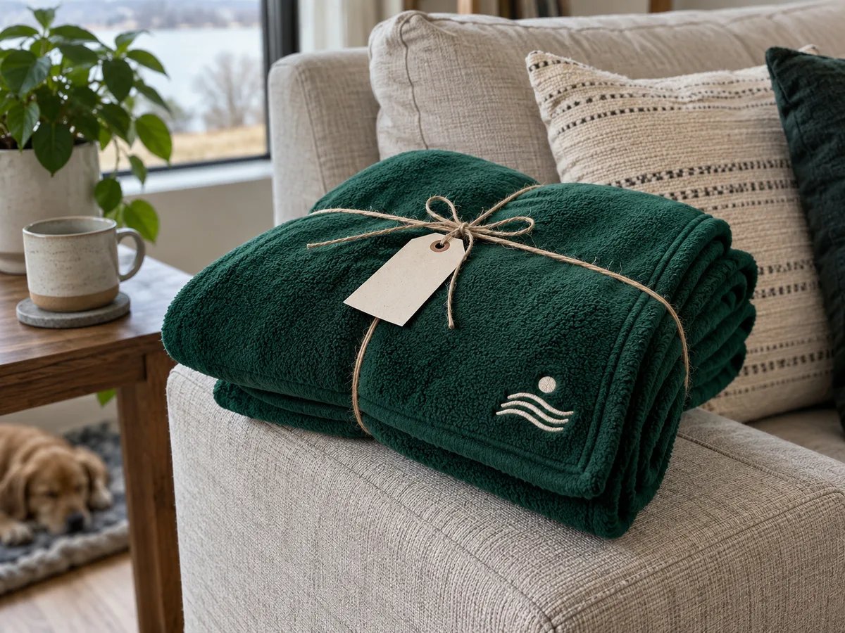 Green fleece blanket with an embroidered logo, tied with twine as a gift