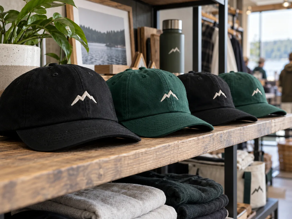 Black and green caps with an embroidered mountain logo on a shop shelf