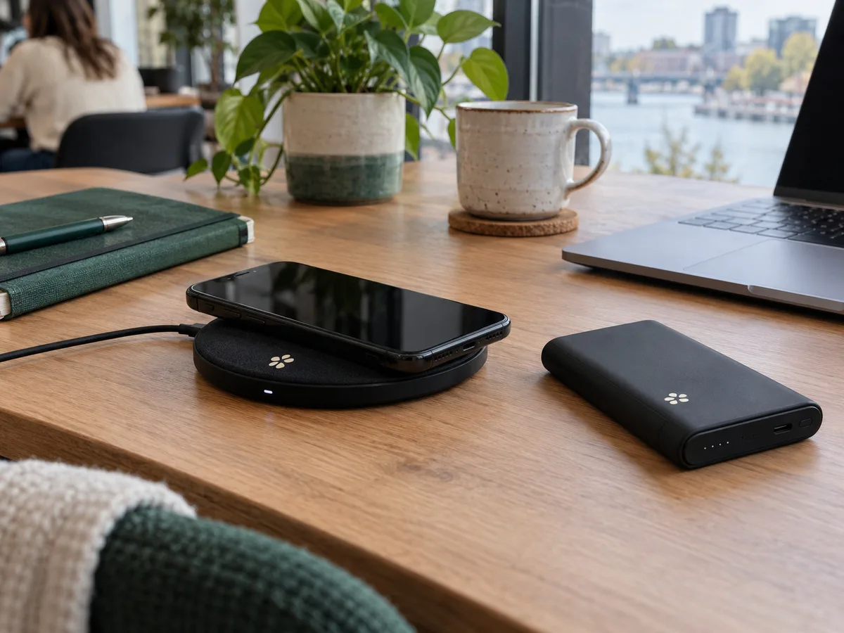 Wireless charger and power bank printed with a small logo on a desk