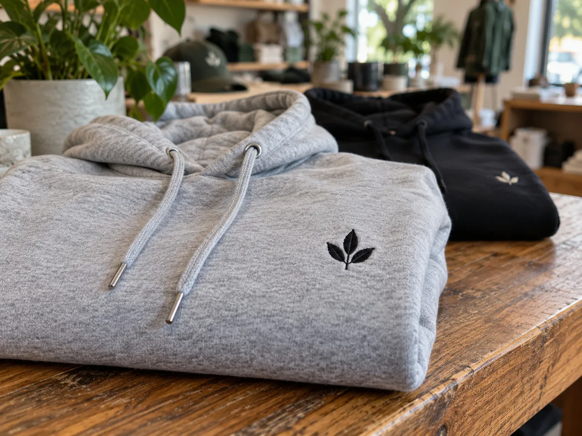 Grey hoodie with a small black embroidered leaf logo on the chest
