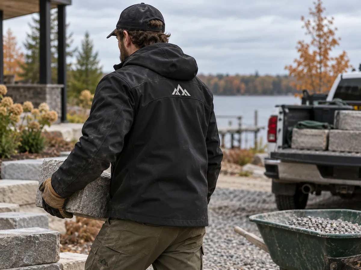 Worker in a black soft-shell jacket with an embroidered logo on the back at a job site