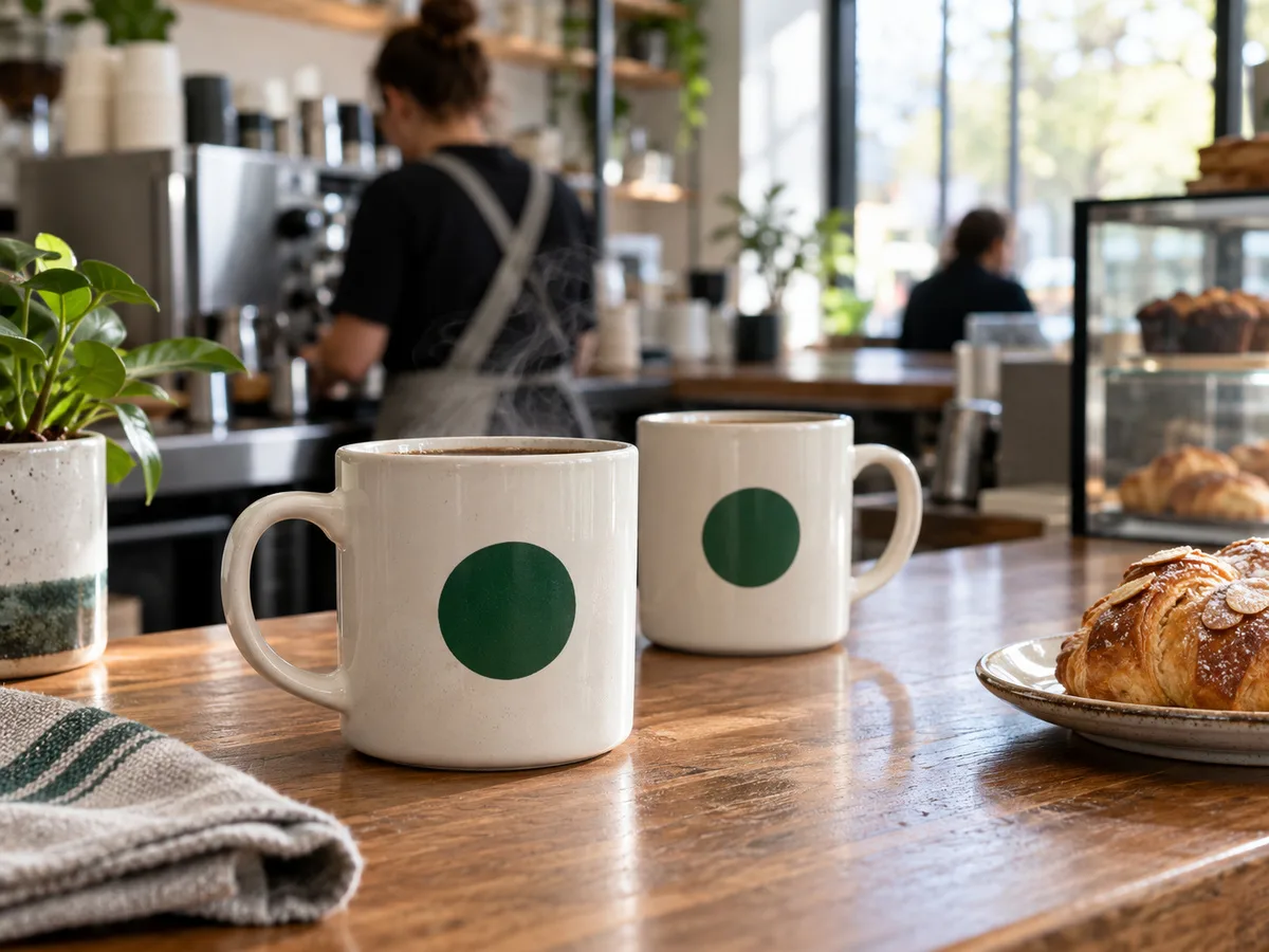 White ceramic mugs printed with a green circle logo on a coffee shop counter