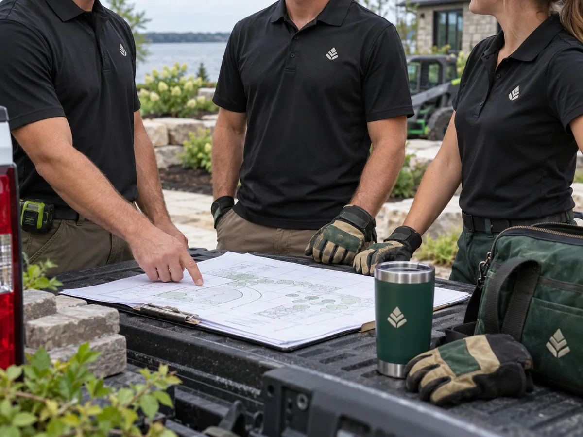Work crew in black polos with a small embroidered logo, reviewing plans at a truck tailgate