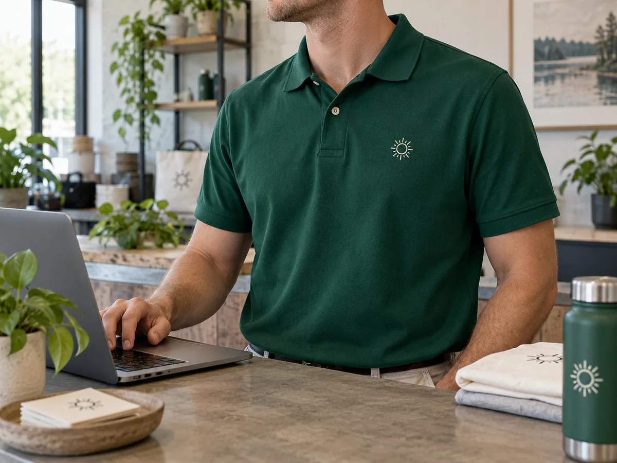 Green polo with a small embroidered sun logo, worn at a front counter