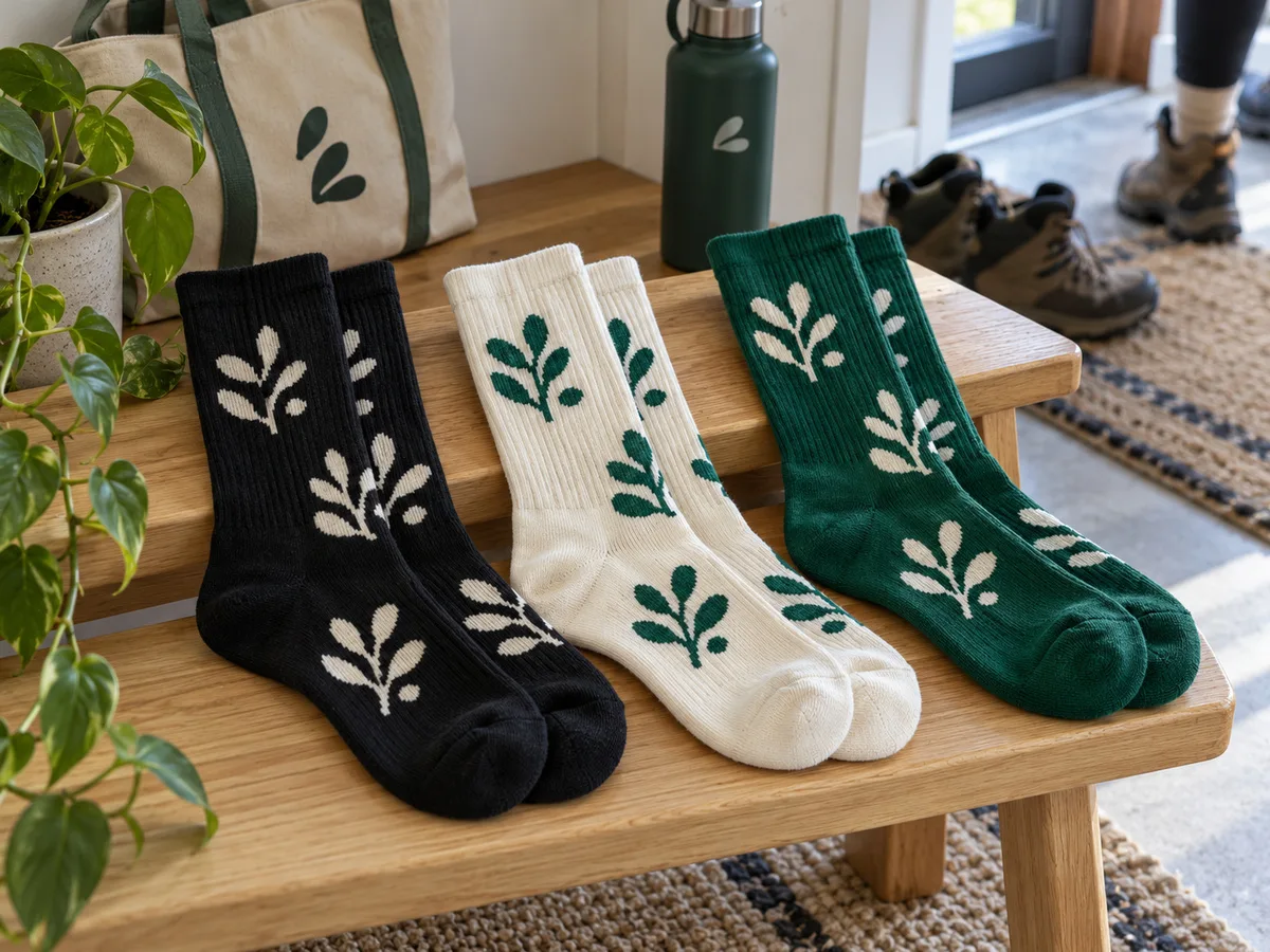Three pairs of crew socks with a knit-in leaf pattern on a wooden bench