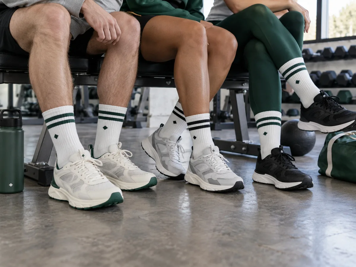 Team wearing matching striped athletic socks on a gym bench