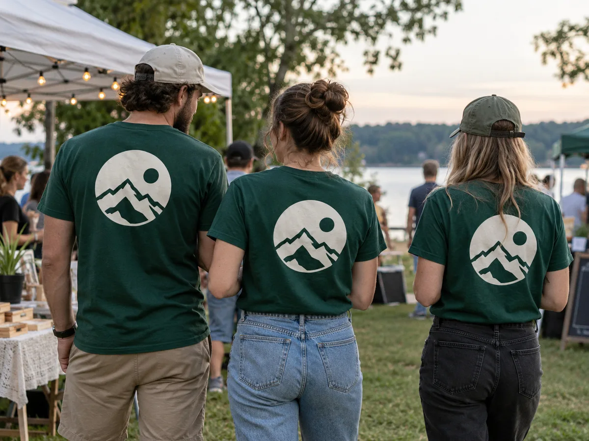 Three people in matching green tees with a large mountain logo printed on the back at an outdoor event