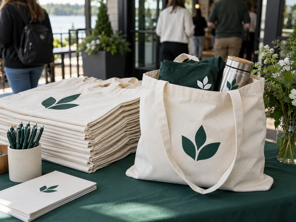 Canvas tote bags printed with a green leaf logo on an event table