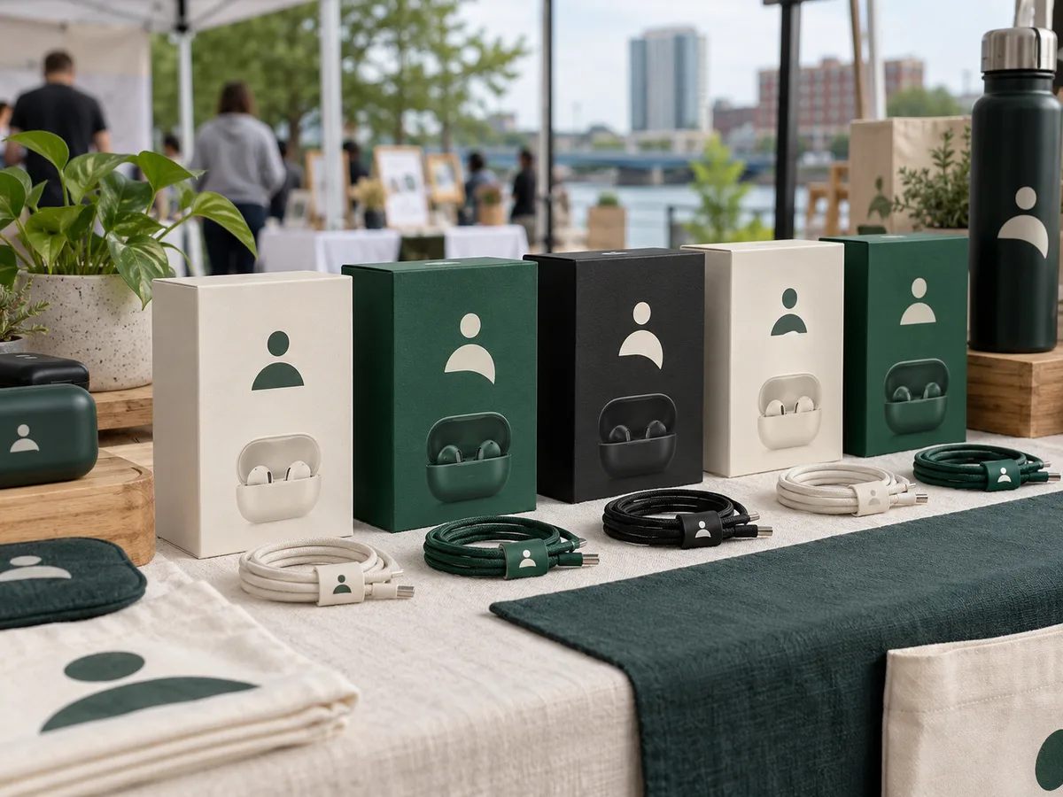Boxed earbuds and charging cables with a simple logo on a trade show table