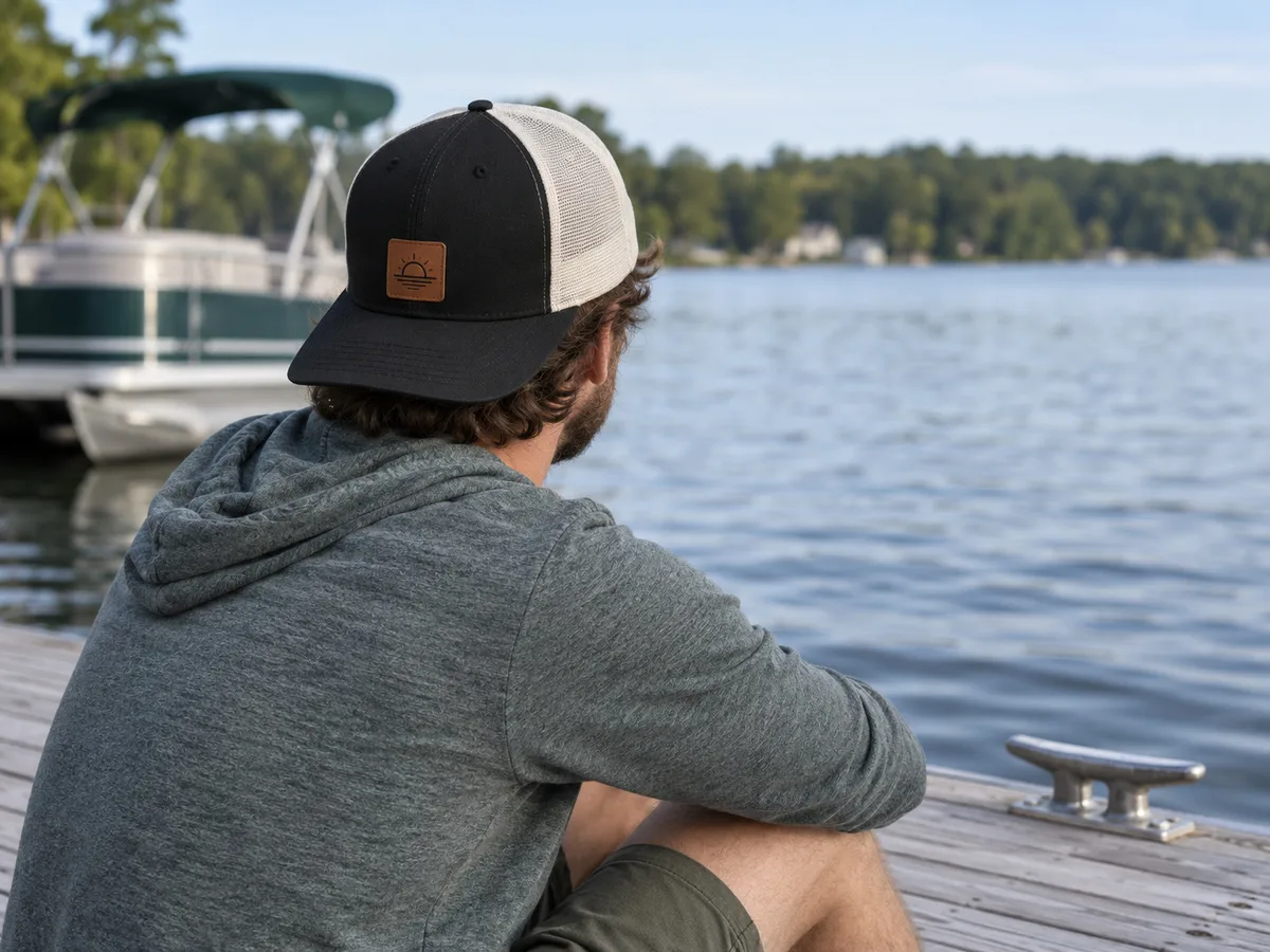 Black and white trucker cap with a leather patch, worn on a lake dock