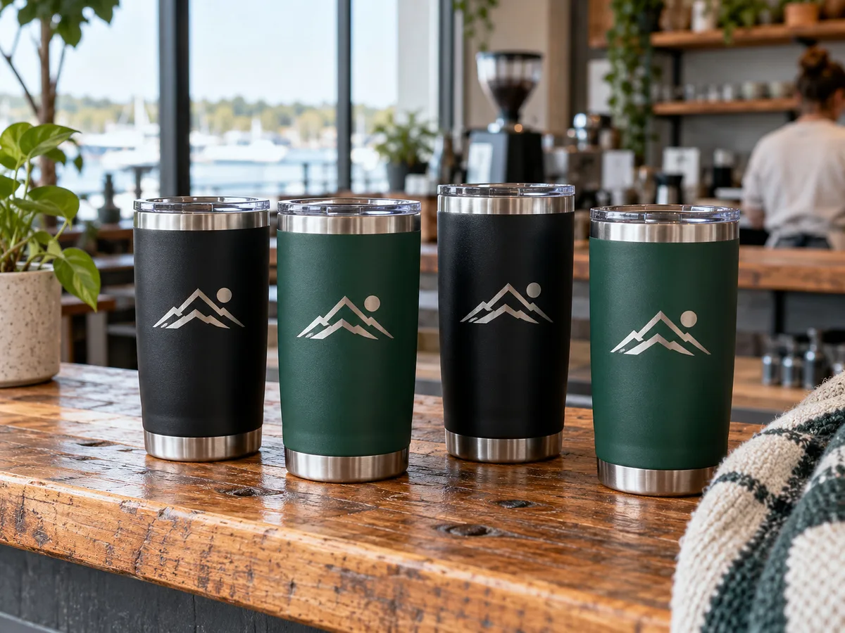 Black and green steel tumblers laser engraved with a mountain logo