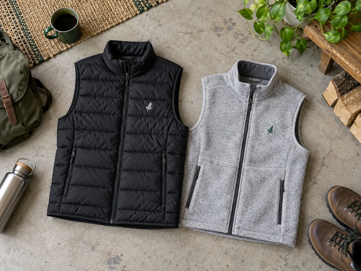 Black puffer vest and grey fleece vest, each with a small embroidered logo
